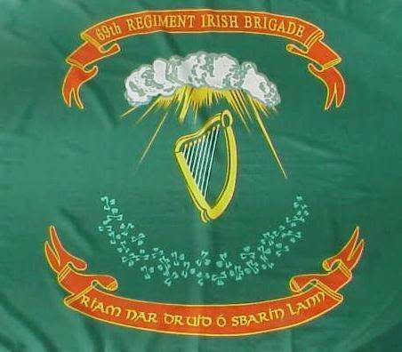 Irish Brigade Flag is a green flag with a red banner at the top and bottom of the flag. In the center is a golden harp